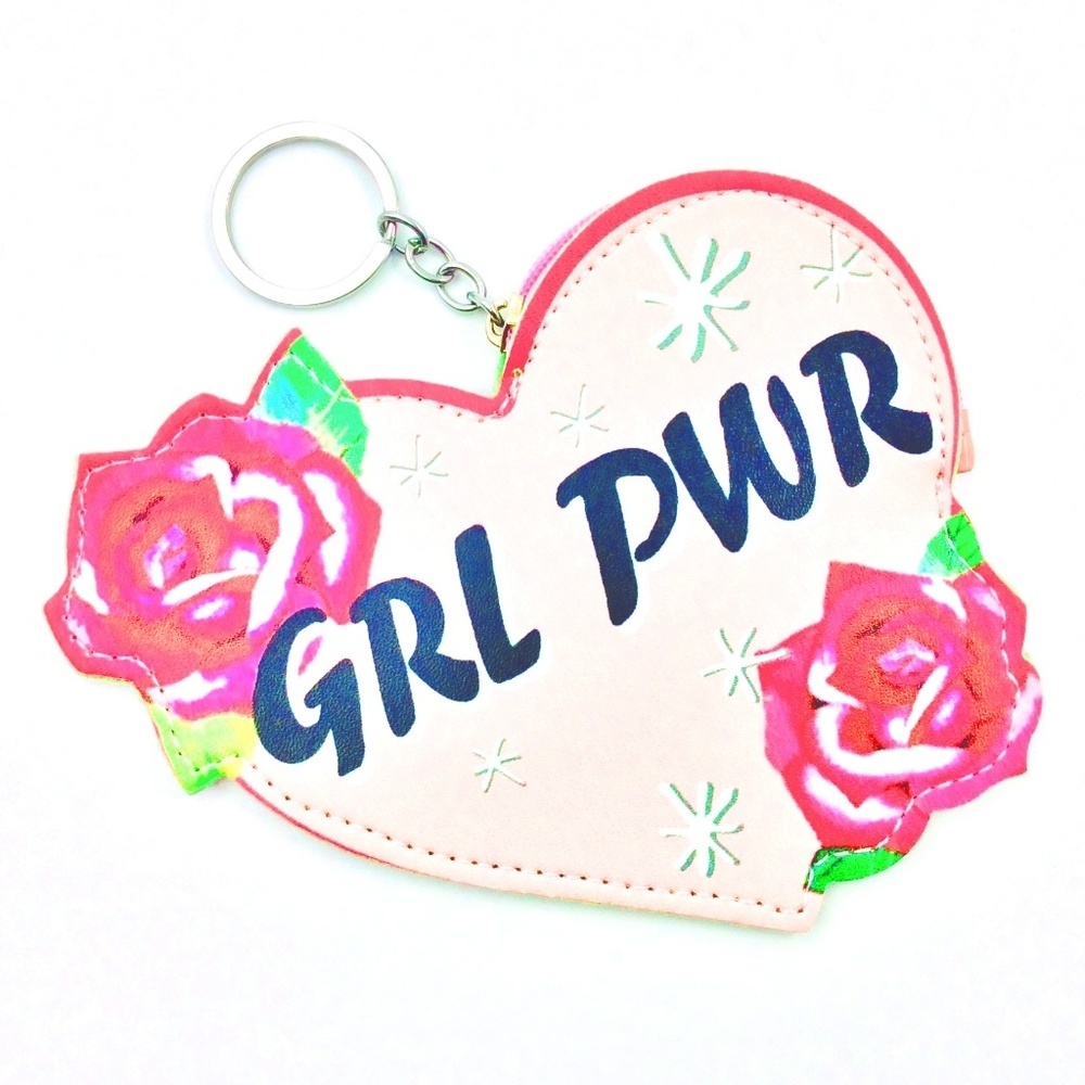 GRL POWER Coin Purse with Keychain Heart & Flowers